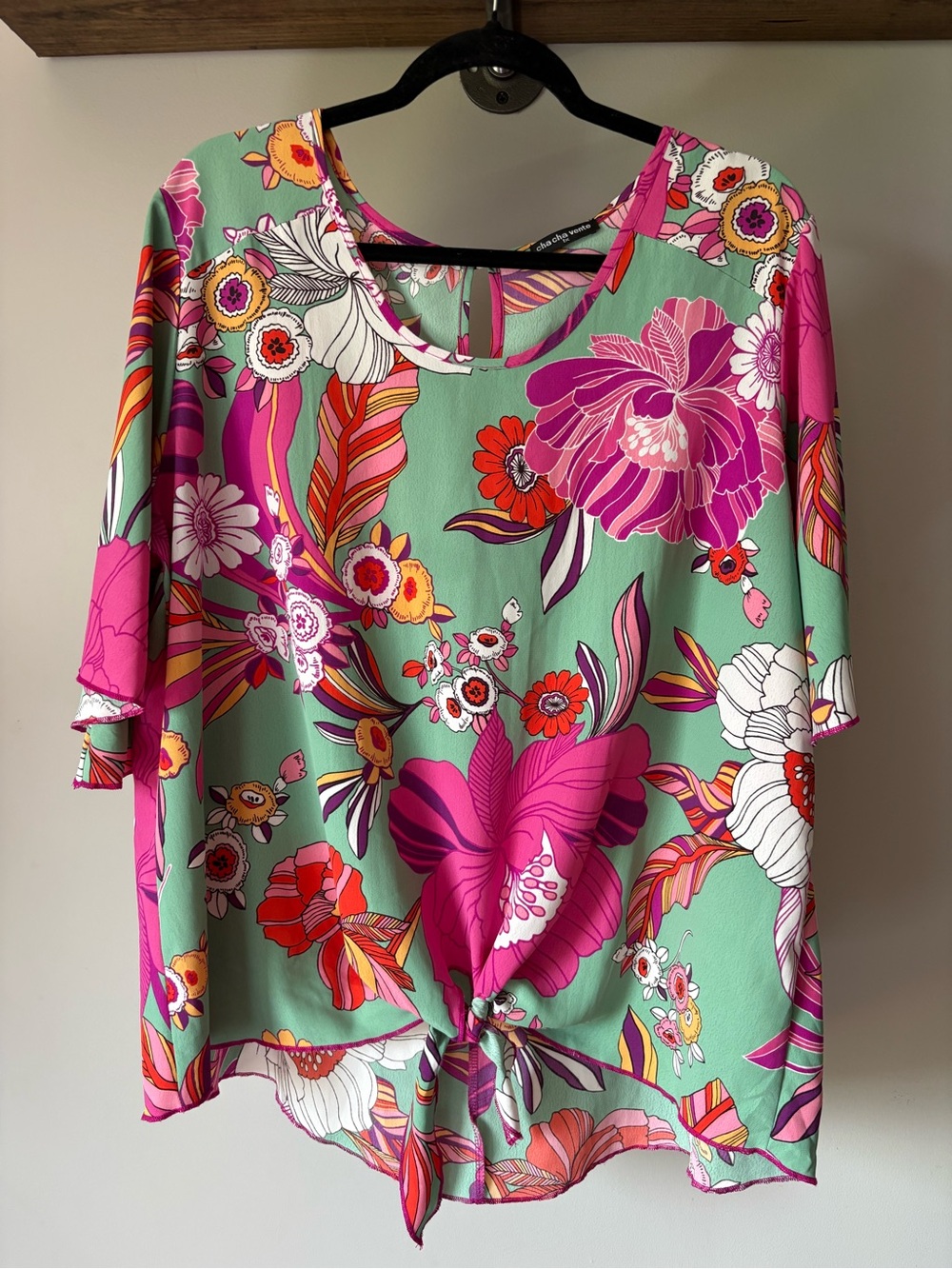 cha cha vente Mint Green Floral Tie-Front Blouse with Pink & Orange Accents